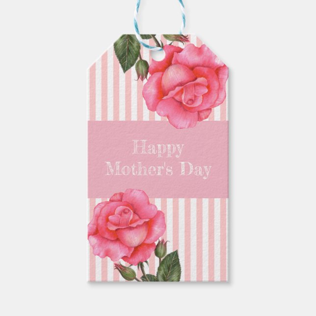 Étiquettes-cadeau Aquarelle Rose Rose Rose White Stripes Fête des mè (Devant)