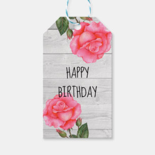 Étiquettes-cadeau Aquarelle Rose Rose Rustique Design Joyeux Anniver