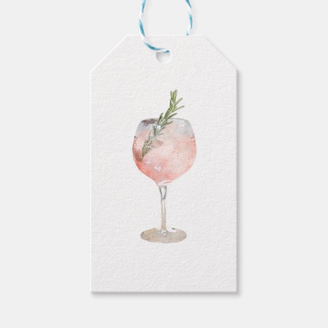 Étiquettes-cadeau Aquarelle Rose Verre de vin rose Joyeux vacances (Devant)