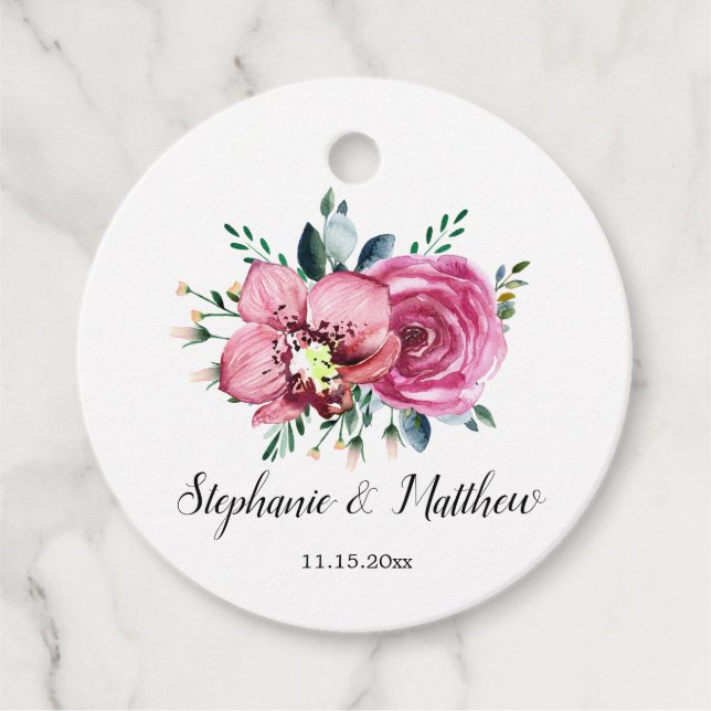 Étiquettes Cadeau Aquarelle Roses roses roses Orchidées Mariage de f (Devant)