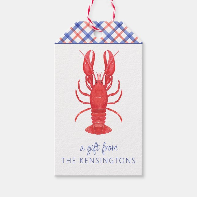 Étiquettes-cadeau Aquarelle Rouge & Bleu Plaid Homard Personnalisé (Devant)