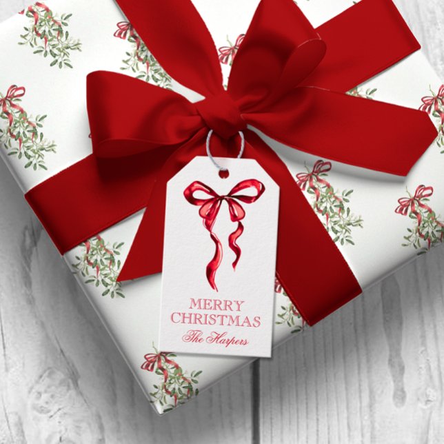 Étiquettes-cadeau Aquarelle Rouge Bow Noël (Créateur téléchargé)