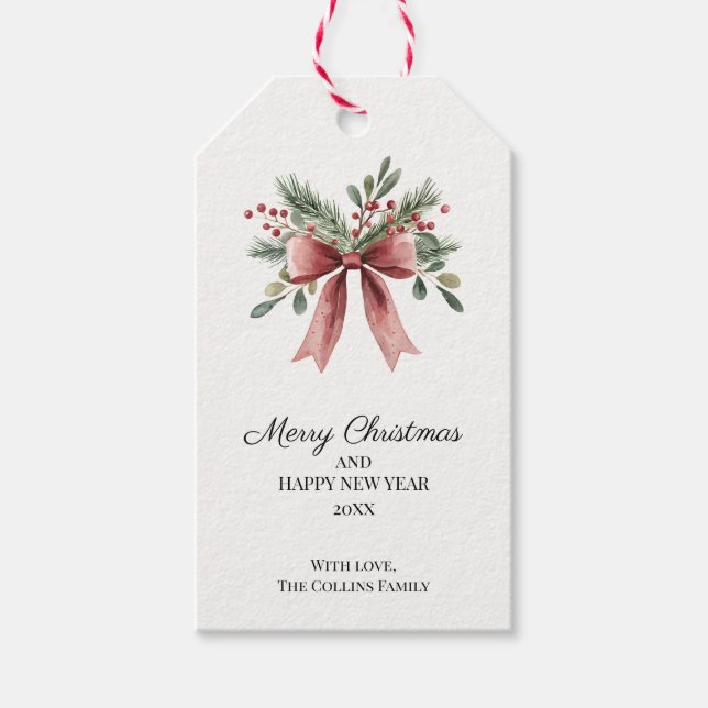 Étiquettes-cadeau Aquarelle rouge Bow Vert Holly Berries Noël (Devant)