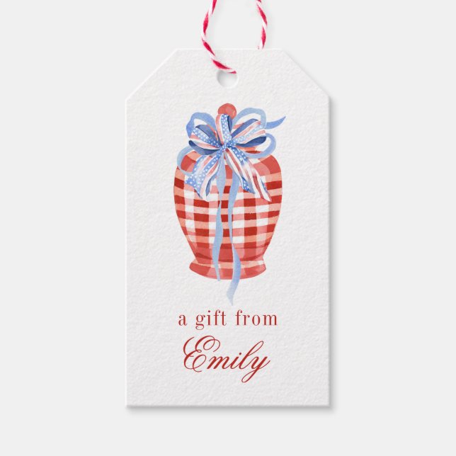 Étiquettes-cadeau Aquarelle Rouge et blanc En vichy Bow Ginger Jar (Devant)