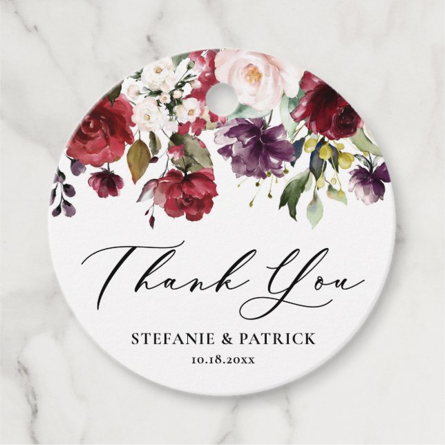 Étiquettes Cadeau Aquarelle rouge et violet Merci de la plaine flora (Devant)