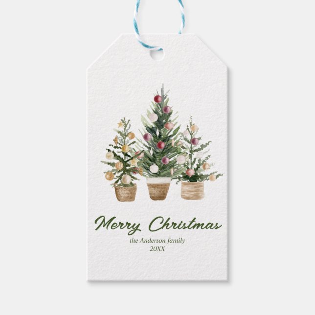 Étiquettes-cadeau Aquarelle Rouge Ornement Arbre Joyeux Noël (Devant)