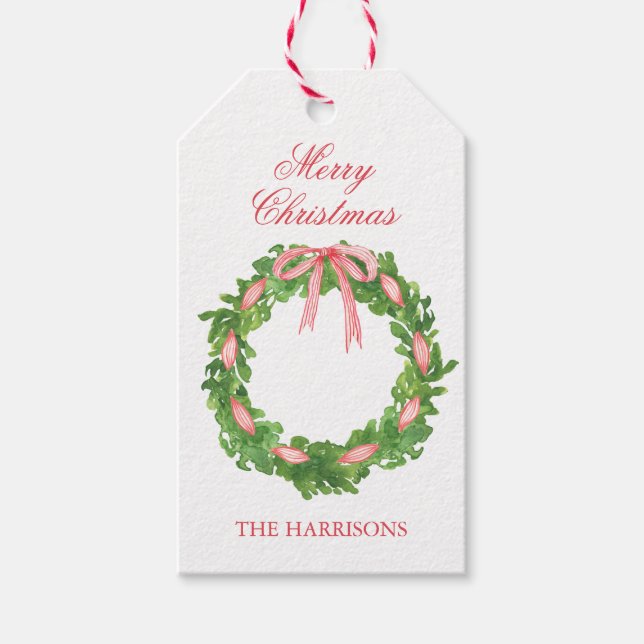 Étiquettes-cadeau Aquarelle Ruban rayé Wreath Noël (Devant)