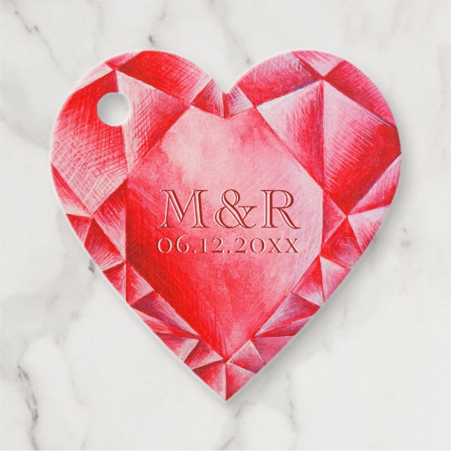 Étiquettes Cadeau Aquarelle Ruby Heart 40e anniversaire de Mariage (Devant)