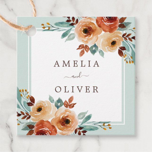 Étiquettes Cadeau Aquarelle rustique Mariage à la menthe (Devant)