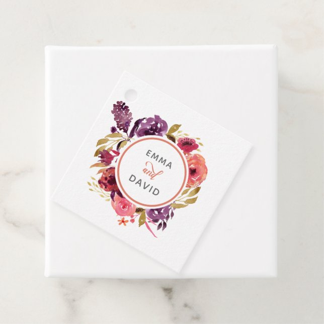 Étiquettes Cadeau Aquarelle rustique Mariage floral rose et violet (En situation)