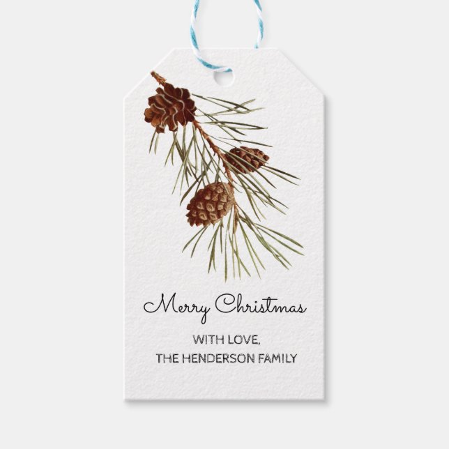 Étiquettes-cadeau Aquarelle rustique Pinecone Joyeux Noël (Devant)
