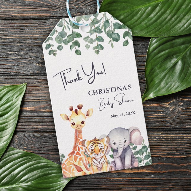 Étiquettes-cadeau Aquarelle Safari Animaux Baby shower Merci (Créateur téléchargé)
