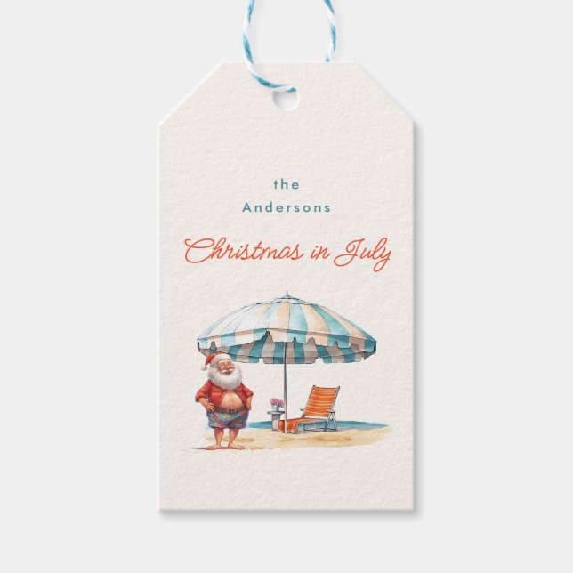 Étiquettes-cadeau Aquarelle Santa Claus Beach Noël en juillet (Devant)