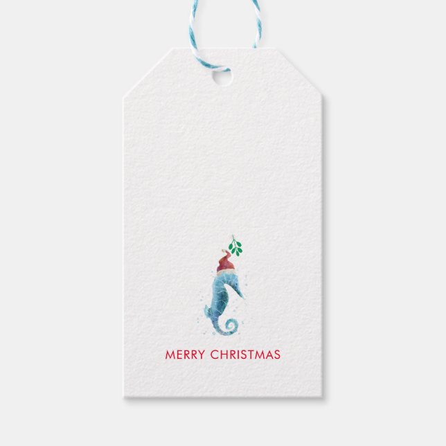 Étiquettes-cadeau Aquarelle Seahorse Mistletoe Nautique Nommé (Devant)