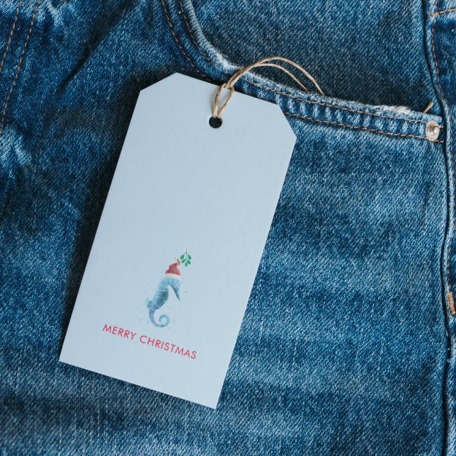Étiquettes-cadeau Aquarelle Seahorse Mistletoe Nautique Nommé (Watercolor Seahorse Christmas gift tag)