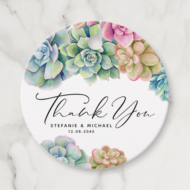 Étiquettes Cadeau Aquarelle Succulents Mariage d'été Merci (Devant)
