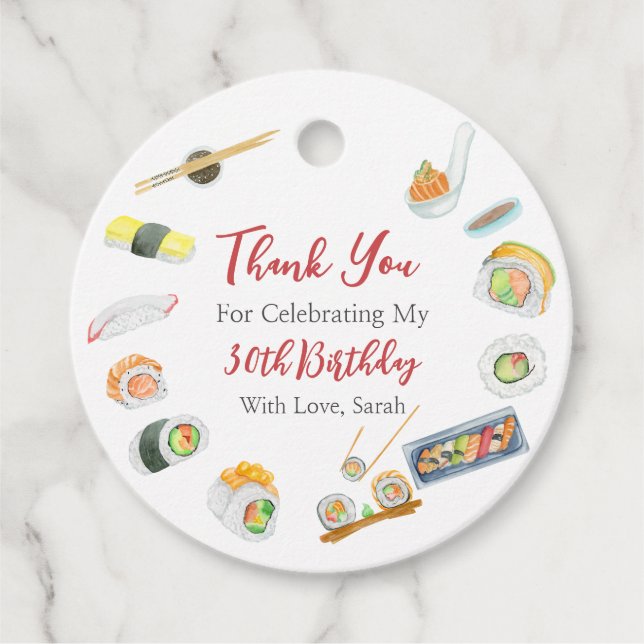 Étiquettes Cadeau Aquarelle Sushi et Sashimi Merci d'anniversaire (Devant)