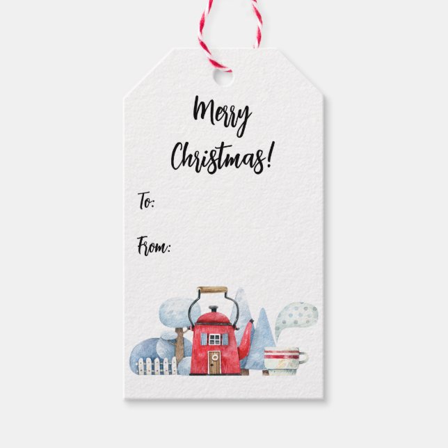 Étiquettes-cadeau Aquarelle Teapot House Arbres à neige De (Devant)