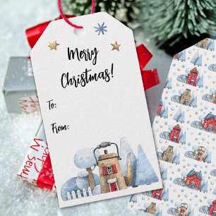 Étiquettes-cadeau Aquarelle Teapot House Arbres à neige De