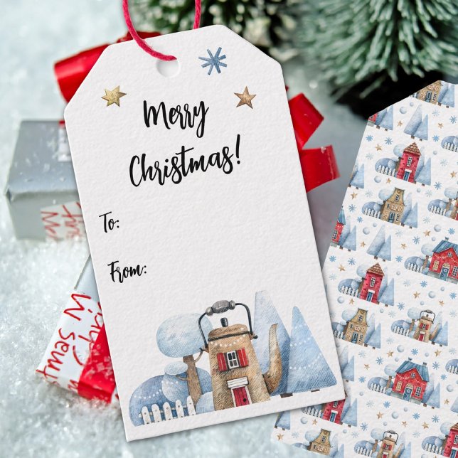 Étiquettes-cadeau Aquarelle Teapot House Arbres à neige De (Créateur téléchargé)