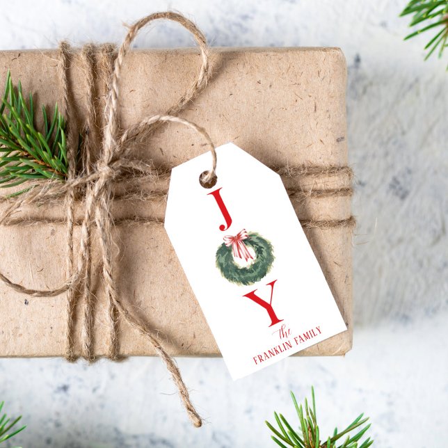 Étiquettes-cadeau Aquarelle traditionnelle Noël Wreath Joie (Créateur téléchargé)