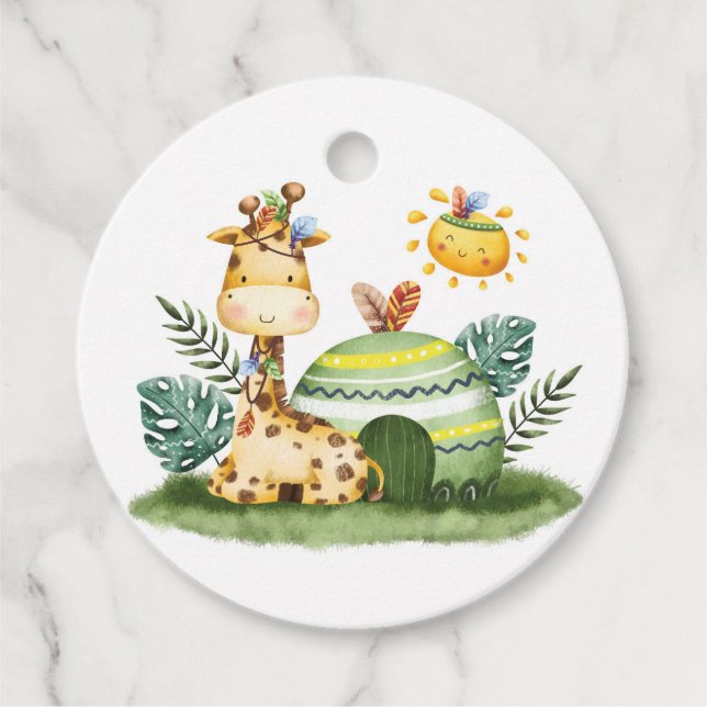 Étiquettes Cadeau Aquarelle Tribal Giraffe Safari fête d'anniversair (Devant)