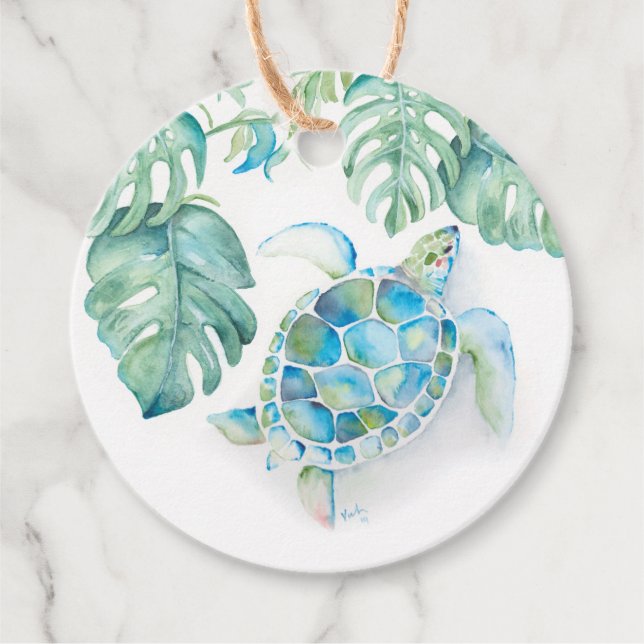 Étiquettes Cadeau Aquarelle Tropical Beach Turquoise Sea Turtle (Devant)