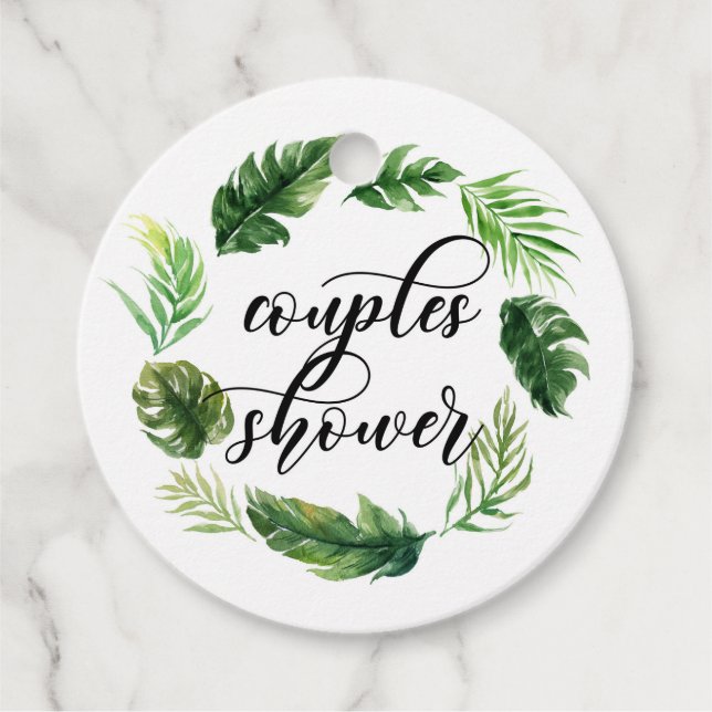 Étiquettes Cadeau Aquarelle Tropical Feuilles Wreath Couples Douche (Devant)