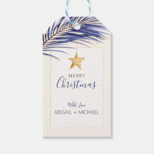 Étiquettes-cadeau Aquarelle Tropical Navy & Gold Noël