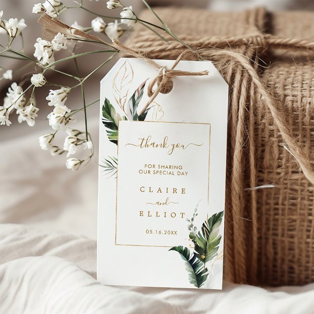 Étiquettes-cadeau Aquarelle Tropicale Foliage Mariage or Merci (Créateur téléchargé)