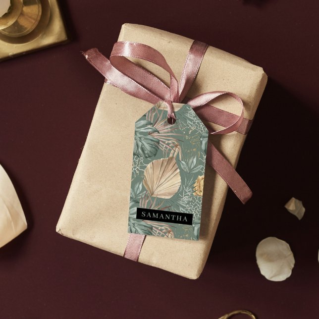 Étiquettes-cadeau Aquarelle Tropicale Gold & Green Feuille Motif (Créateur téléchargé)