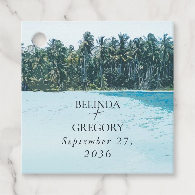 Étiquettes Cadeau Aquarelle tropicale Palms & Mariage de plage (Devant)