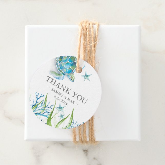 Étiquettes Cadeau Aquarelle tropicale Tortue de mer Favoriser les ét (En situation)