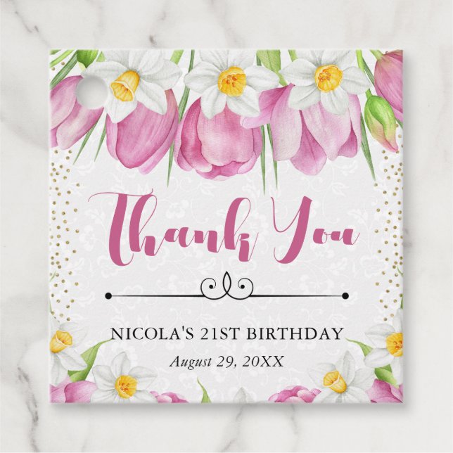 Étiquettes Cadeau Aquarelle Tulipes roses et jonquilles Anniversaire (Devant)