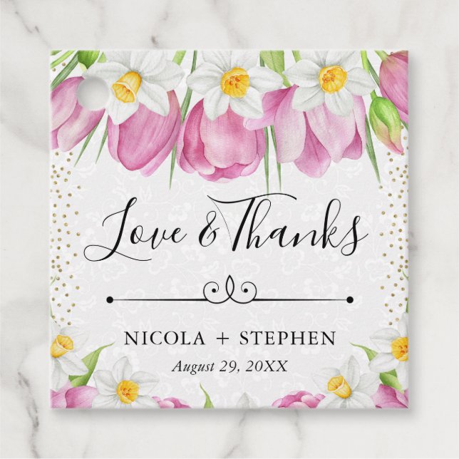 Étiquettes Cadeau Aquarelle Tulipes roses et Mariage de jonquilles (Devant)