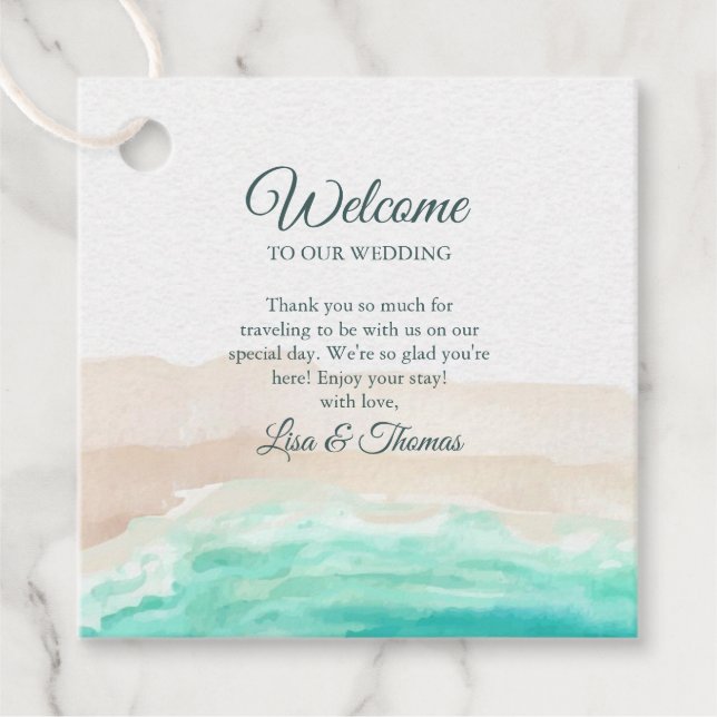 Étiquettes Cadeau Aquarelle Turquoise Sandy Beach Mariage Bienvenue (Devant)