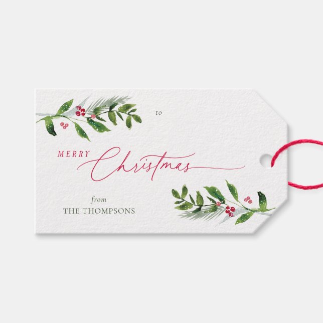 Étiquettes-cadeau Aquarelle Végétation hivernale Noël moderne (Devant (Horizontal))