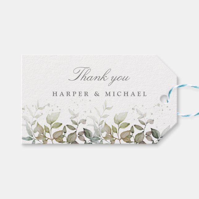 Étiquettes-cadeau Aquarelle verdure & sauge mariage merci (Devant (Horizontal))