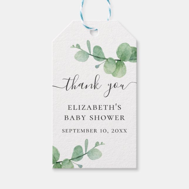 Étiquettes-cadeau Aquarelle vert eucalyptus baby shower merci (Devant)