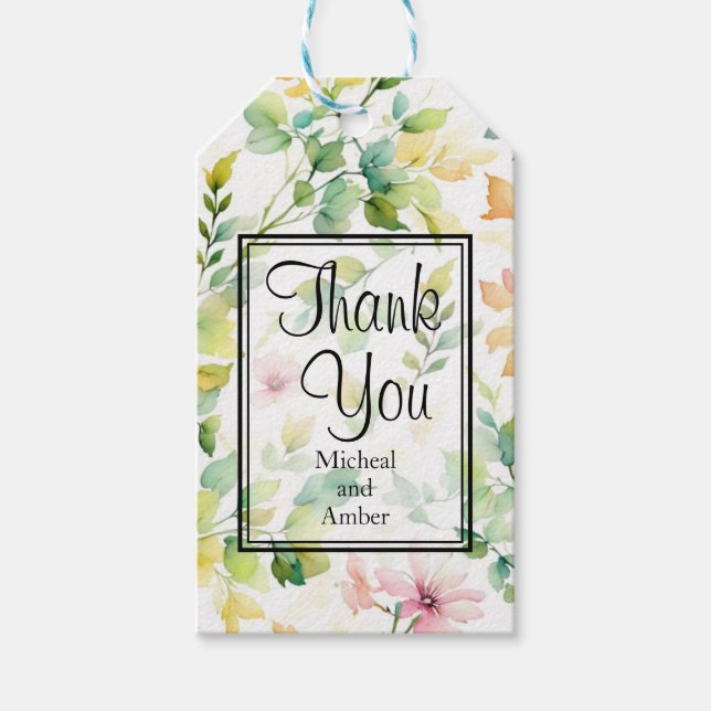 Étiquettes-cadeau Aquarelle vert rose fleurs sauvages (Devant)