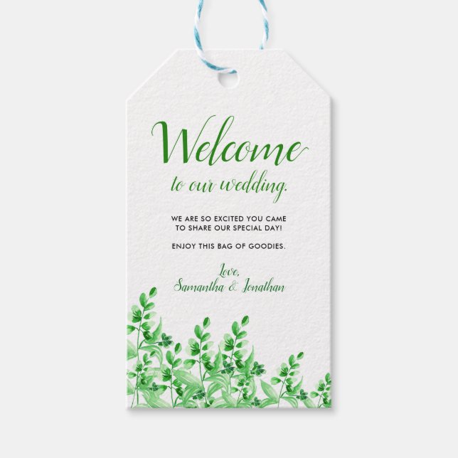 Étiquettes-cadeau Aquarelle verte Bienvenue à notre Mariage (Devant)