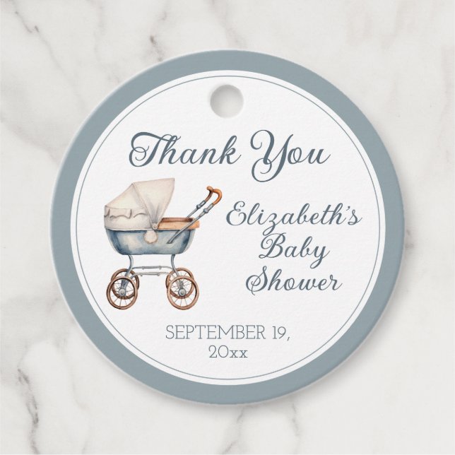 Étiquettes Cadeau Aquarelle vintage Blue Baby Carriage personnalisée (Devant)