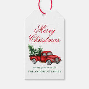 Étiquettes-cadeau Aquarelle Vintage Camion rouge Joyeux Noël