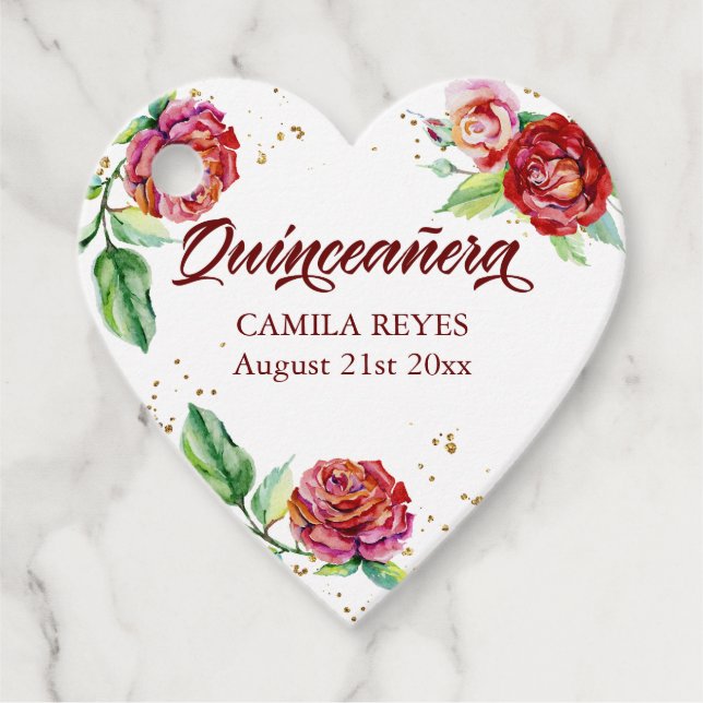 Étiquettes Cadeau Aquarelle vintage de Roses rouges Quinceanera (Devant)