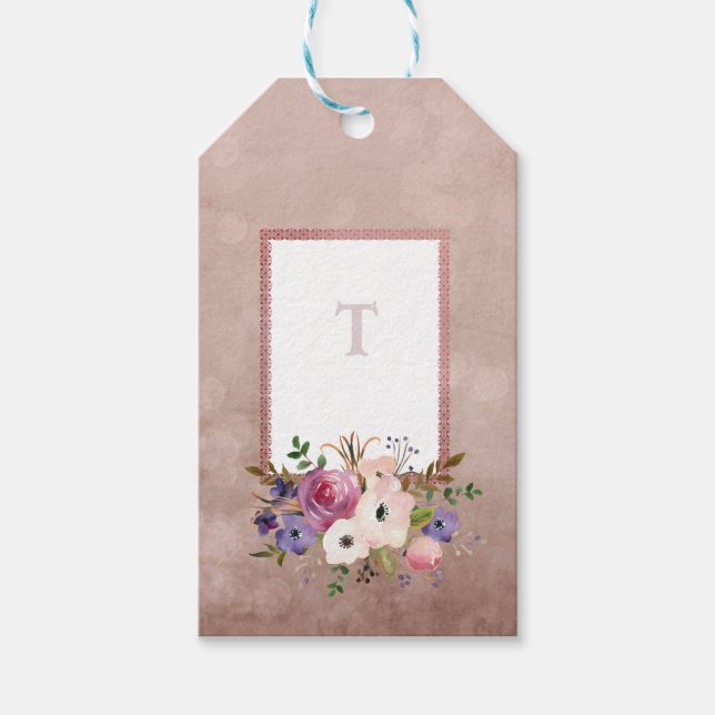 Étiquettes-cadeau Aquarelle vintage Mauve Florale Initiale (Devant)