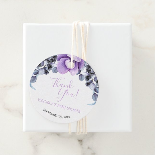 Étiquettes Cadeau Aquarelle violet Baby shower Floral Merci (En situation)