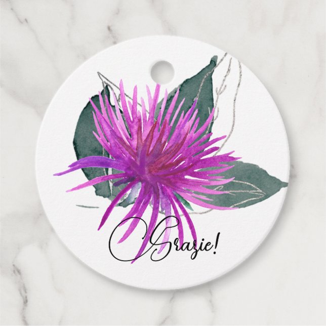 Étiquettes Cadeau Aquarelle violet chardon et vert Feuille grrazie (Devant)