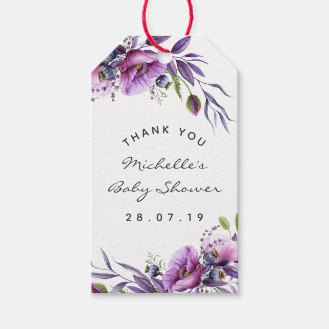 Étiquettes-cadeau Aquarelle Violet Poppy Floral Baby shower Merci (Devant)