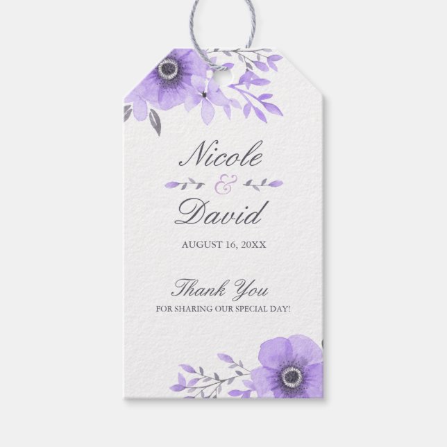 Étiquettes-cadeau Aquarelle violette et gris Mariage floral (Devant)