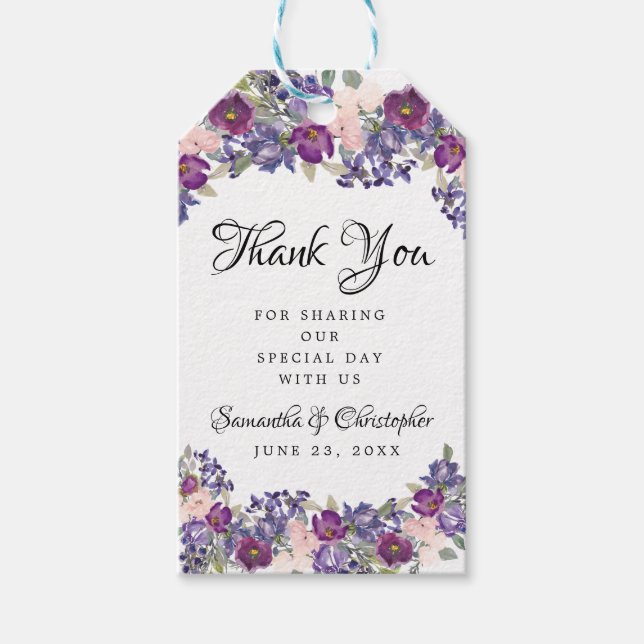 Étiquettes-cadeau Aquarelle violette Mariage floral Favoriser le Mer (Devant)